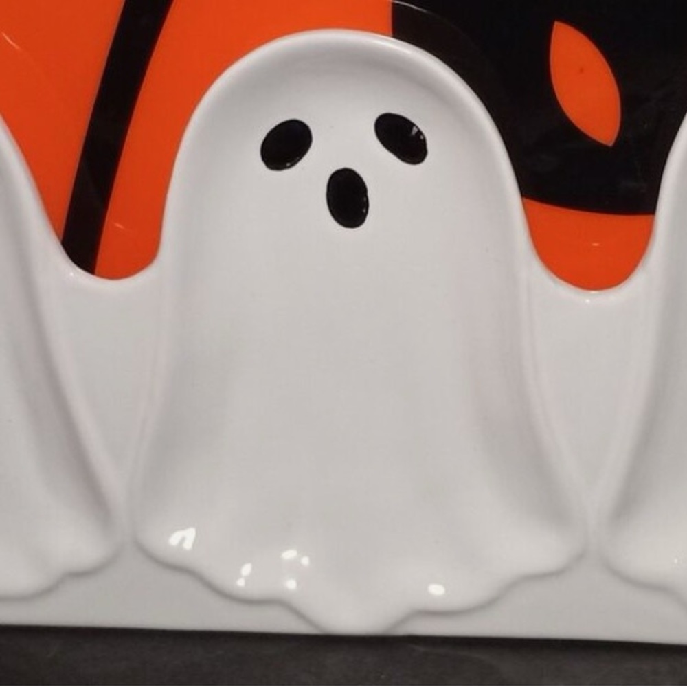 Home Essentials HALLOWEEN GHOST Serving Platter 3Section Tray Spoon Rest Ceramic